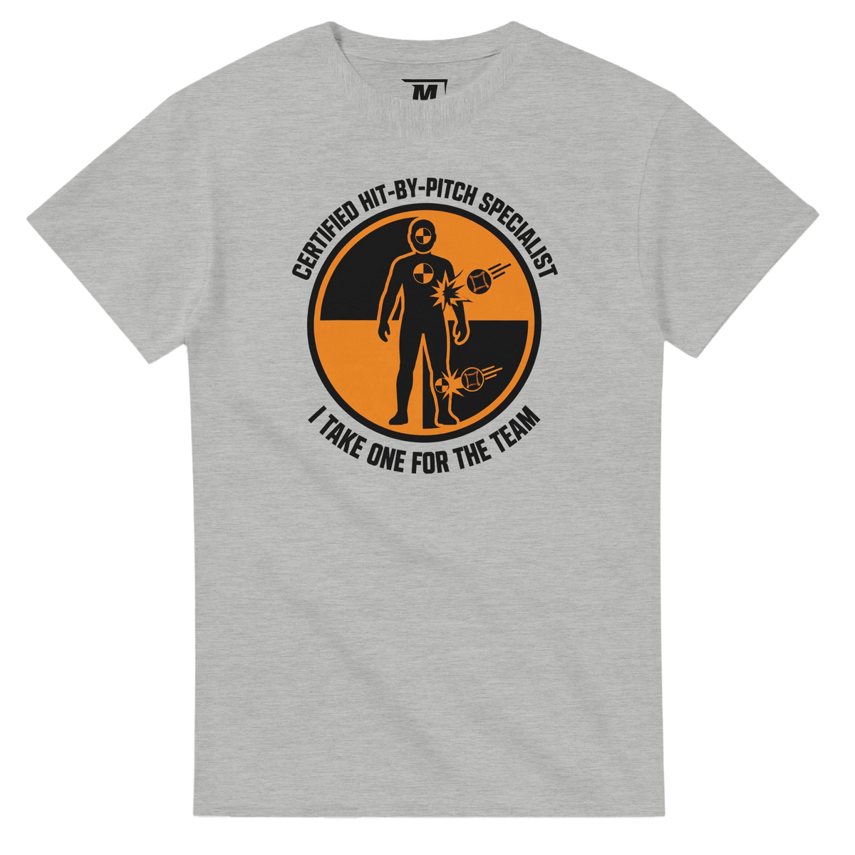 Certified Hit-by-Pitch Specialist baseball t-shirt by Moonshot Tees, view 3