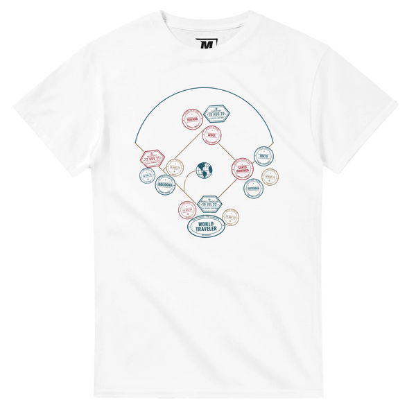 World Traveller Stamps baseball t-shirt by Moonshot Tees