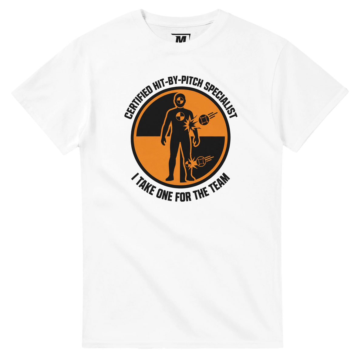 Certified Hit-by-Pitch Specialist baseball t-shirt by Moonshot Tees