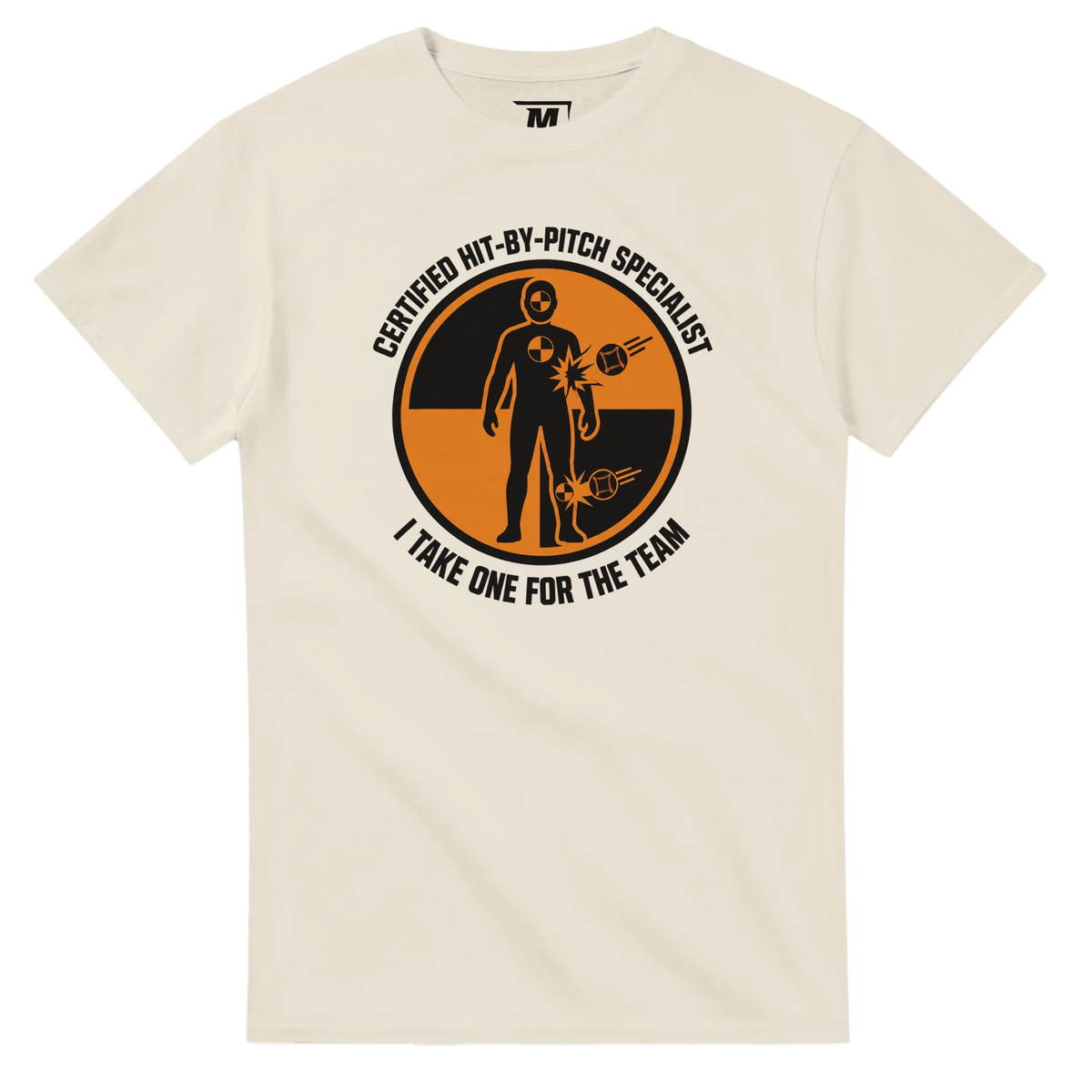 Certified Hit-by-Pitch Specialist baseball t-shirt by Moonshot Tees, view 2